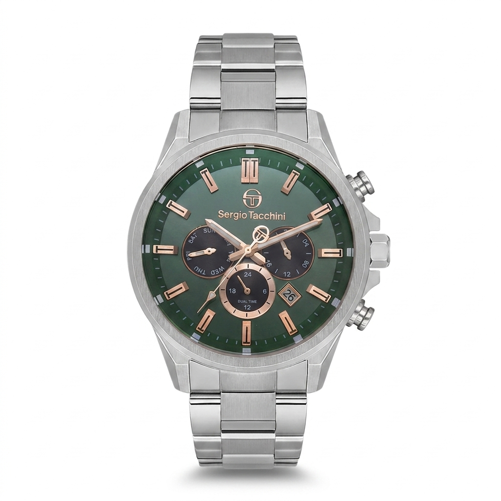 Sergio Tacchini Men's Chronograph Watch – Green Dial & Silver Stainless Steel Bracelet