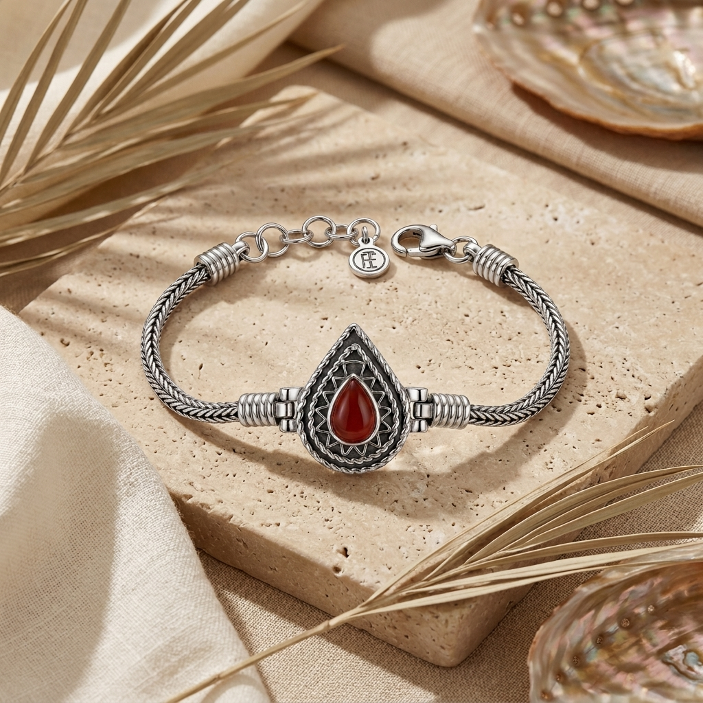 925 Silver Bracelet with Red Agate Stone