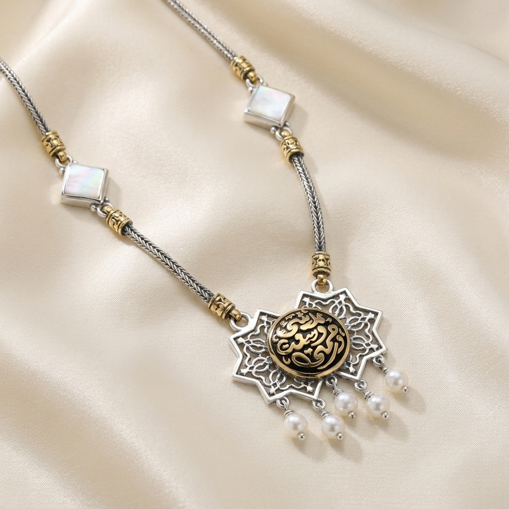 عقد "وَسِعَتْ رَحْمَتُهُ كُلَّ شَيْءٍ" فضة عيار 925 بتصميم تراثي مع اللؤلؤ