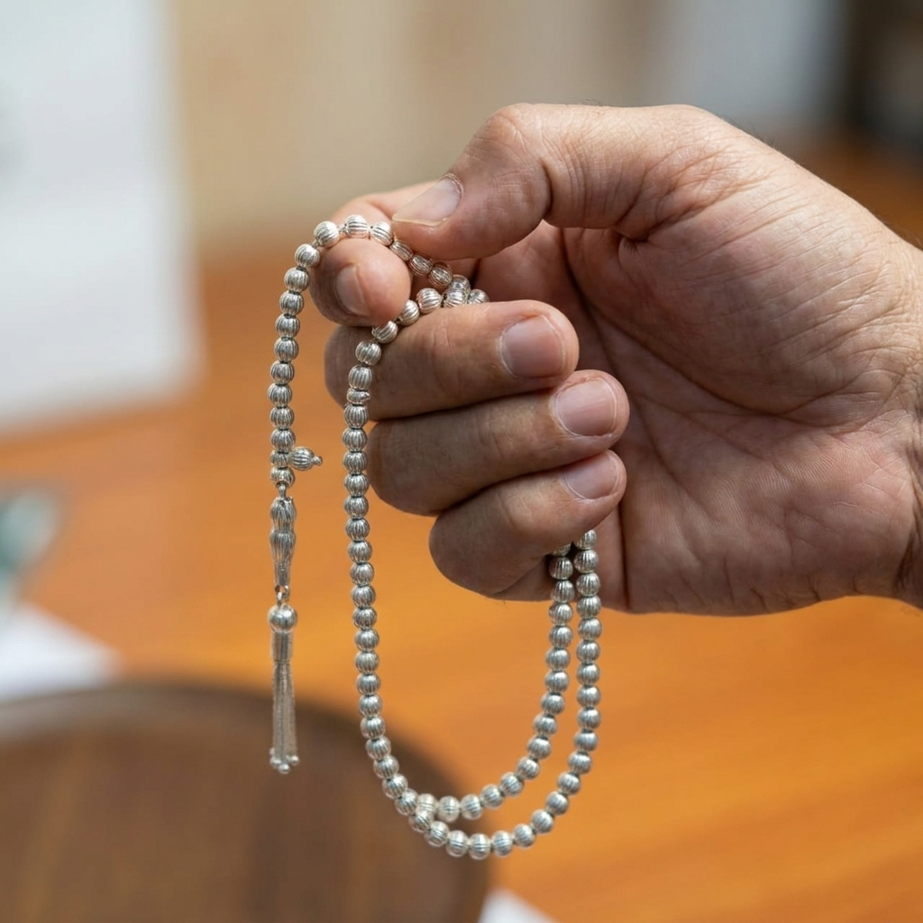 سبحة فضة رجالي عيار 925 - 99 حبة بحبات كروية مخططة