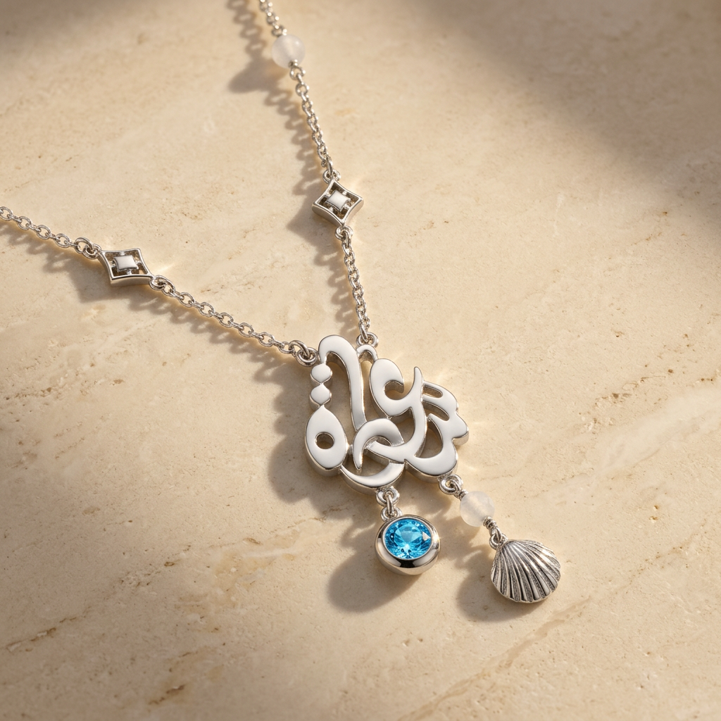 Happiness Calligraphy Necklace with Blue Stone & Shell Charm – 925 Silver