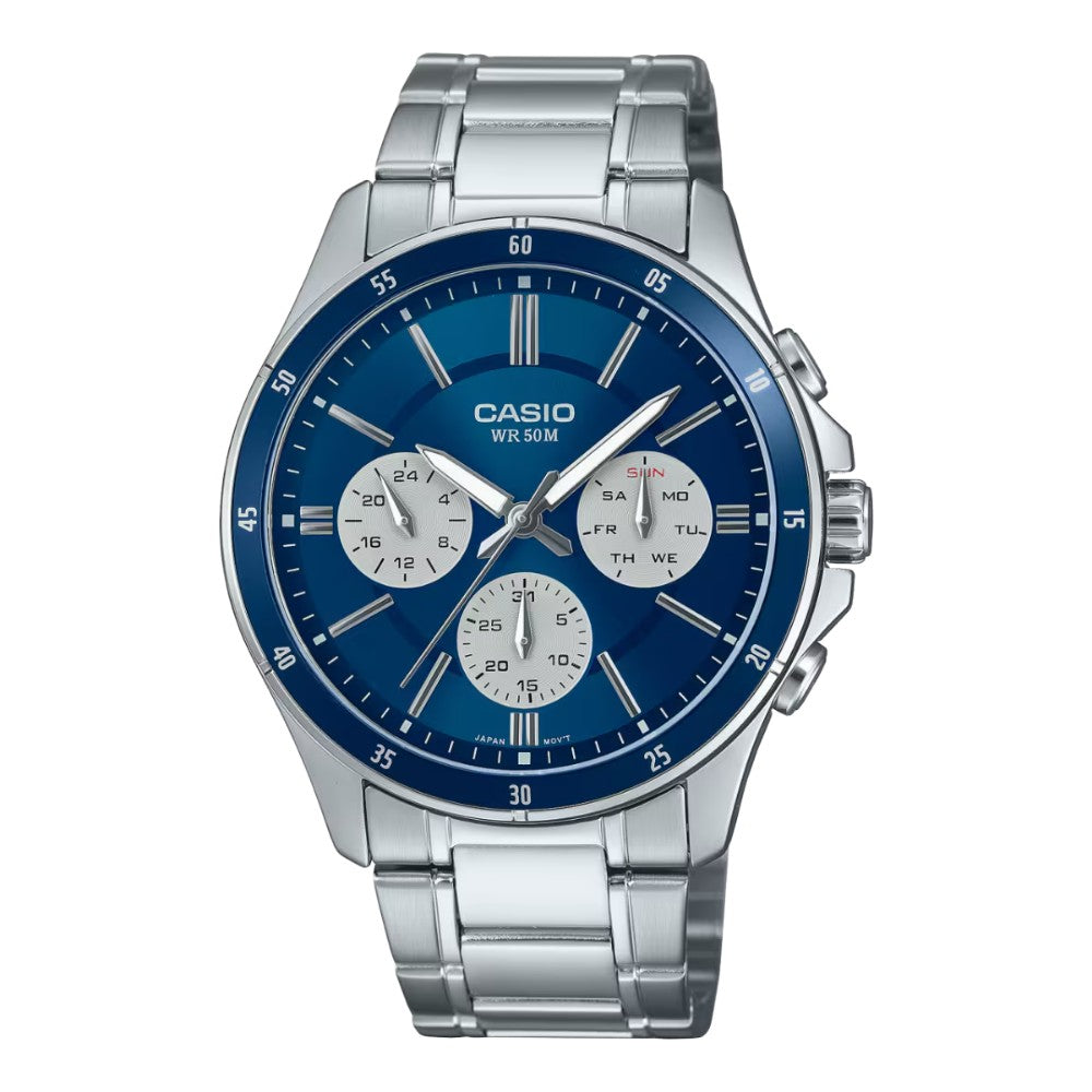 Casio Men's Chronograph Watch – Silver Metal Strap with Multi-Detail Blue Dial


