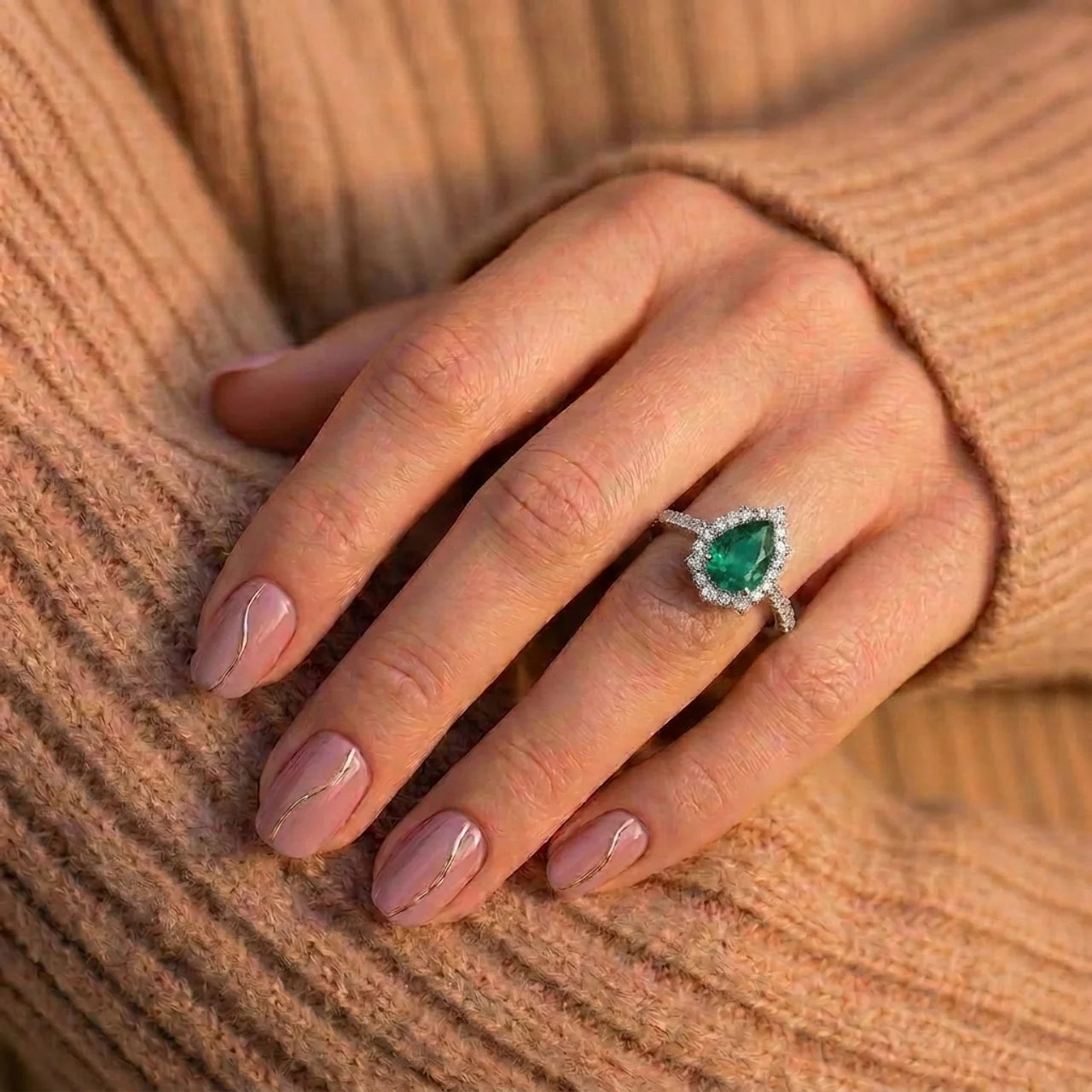 925 Silver Ring with a Green Teardrop Stone and Delicate Details