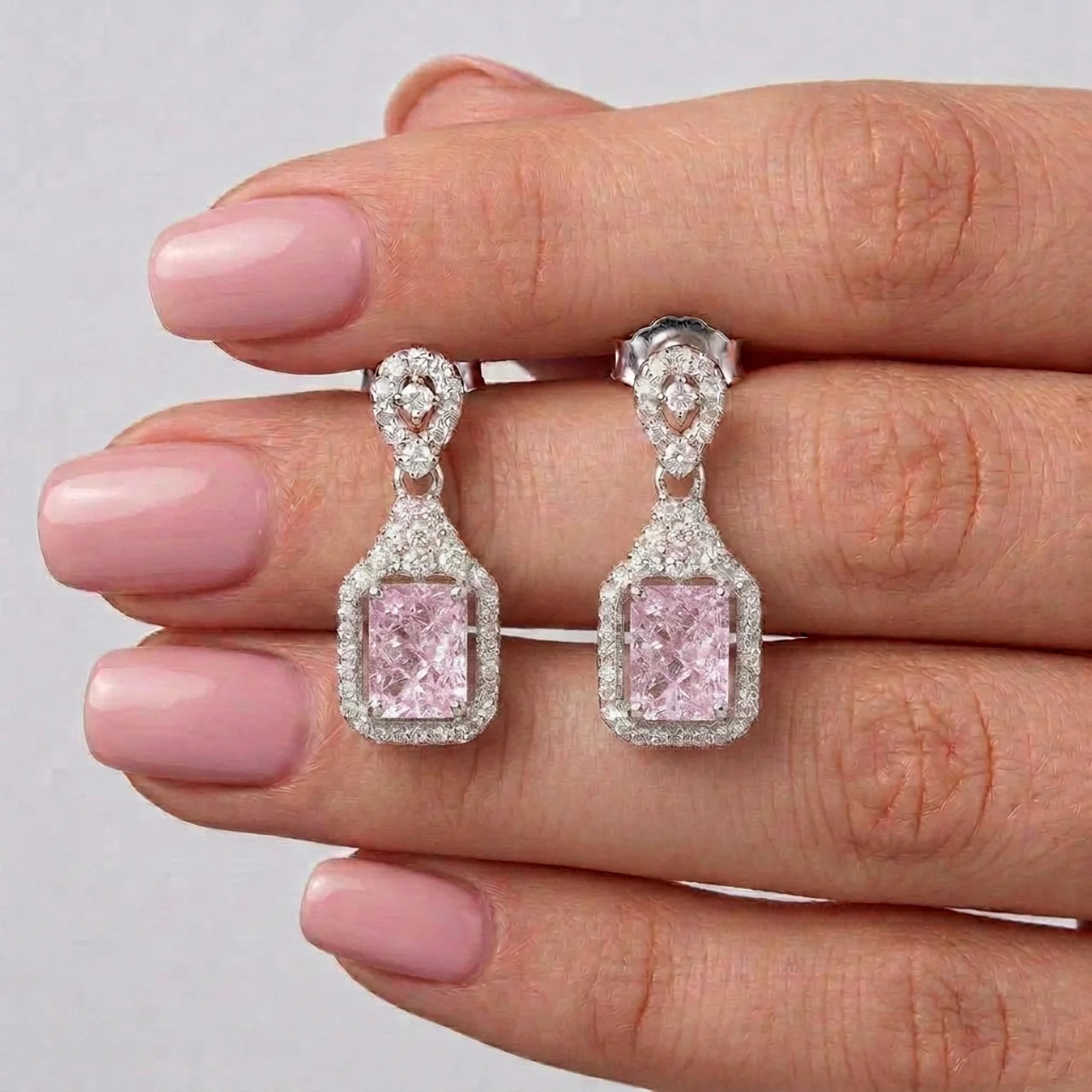 925 Silver Twist Hoop Earrings with Light Pink Rectangular Ice-Crushed Stone