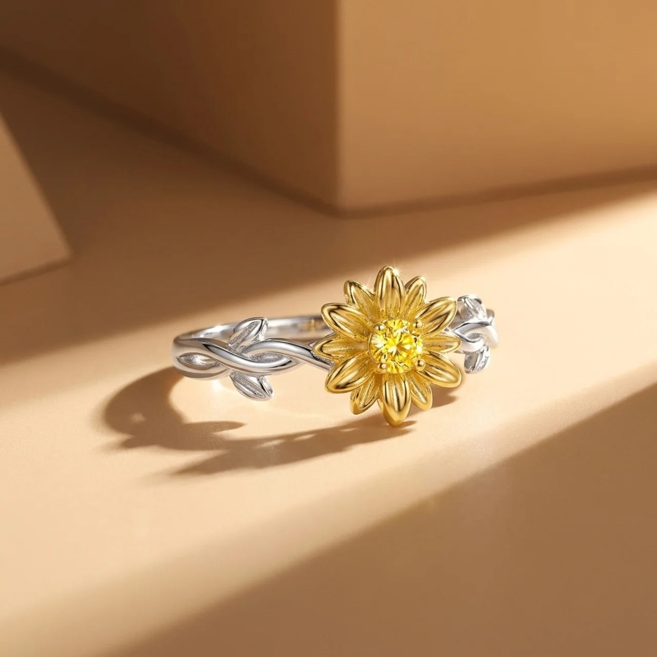 925 Silver Sunflower Ring with Yellow Center Design