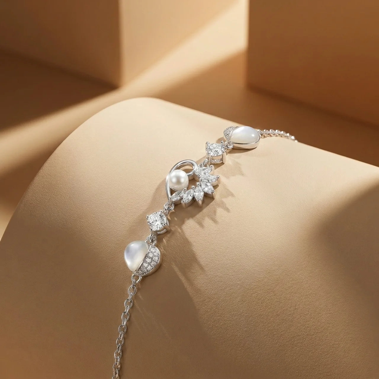 925 Silver Hearts and Pearl Beads Bracelet