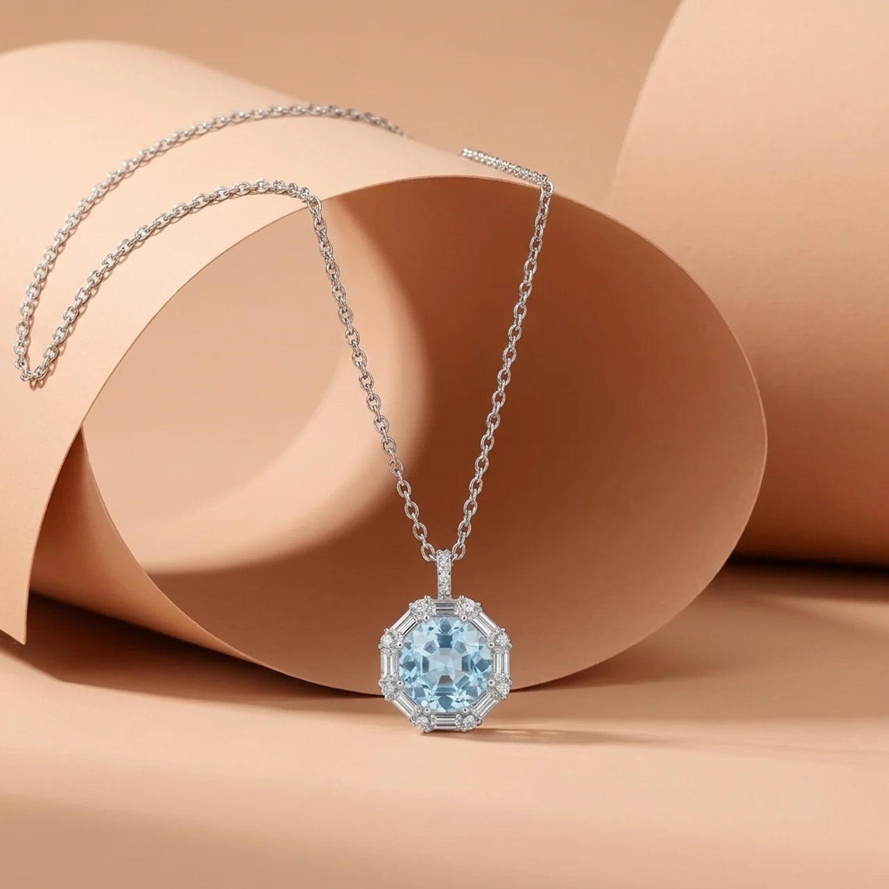 925 Silver Delicate Necklace with Sky Blue Pendant Surrounded by Sparkling Stones