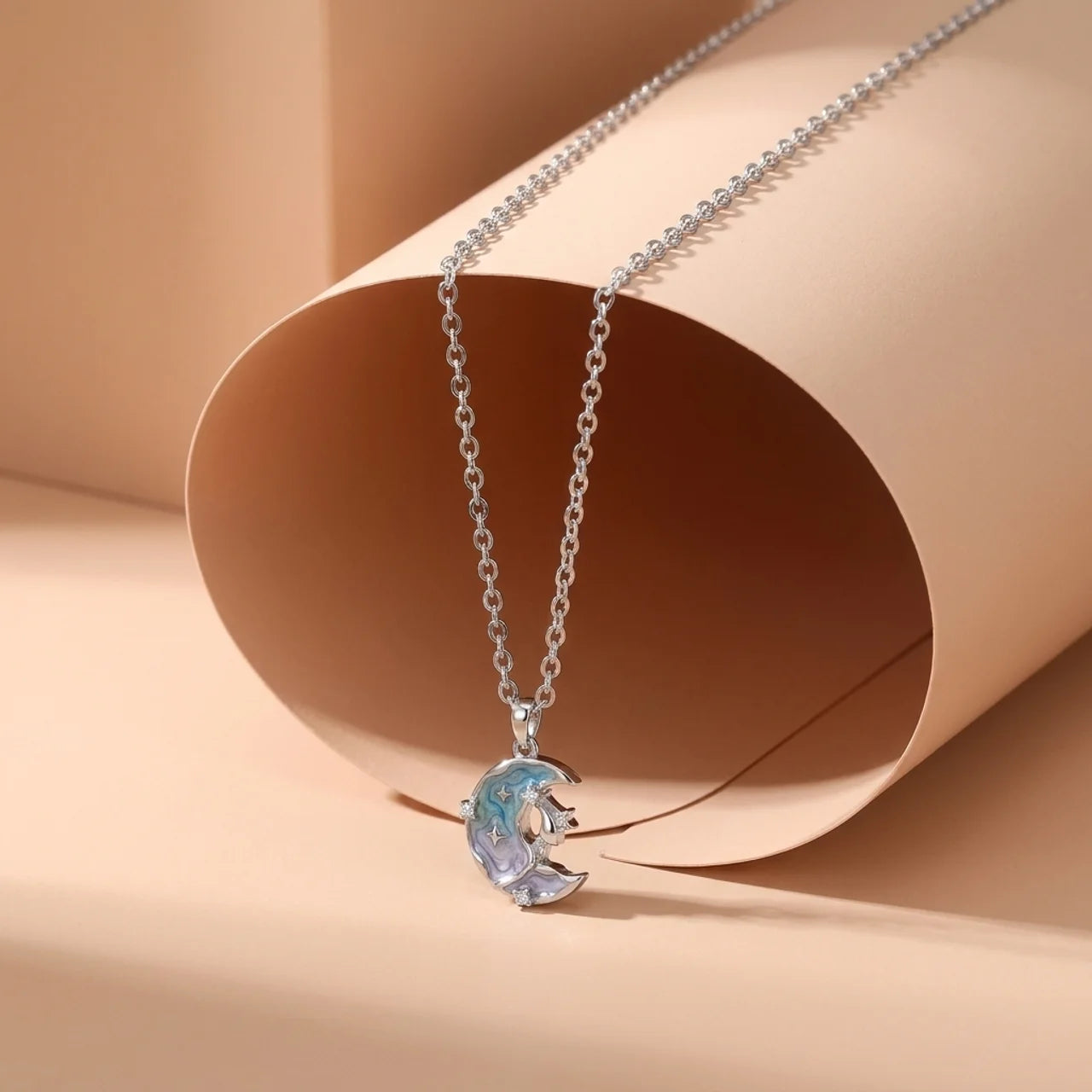 925 Silver Crescent and Stars Necklace with Blue Details
