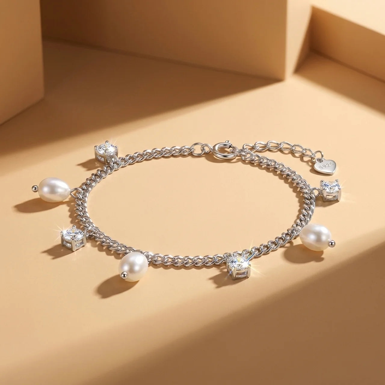 925 Silver Bracelet with Chain and Hanging Pearl Beads