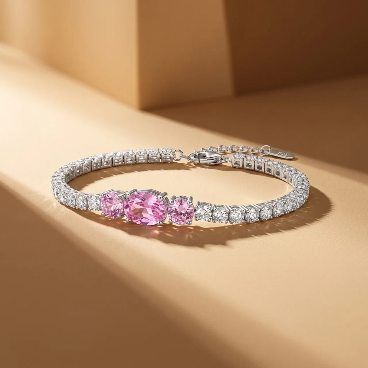 Royal Bracelet with Pink Stone and Sparkling Zircon in 925 Silver