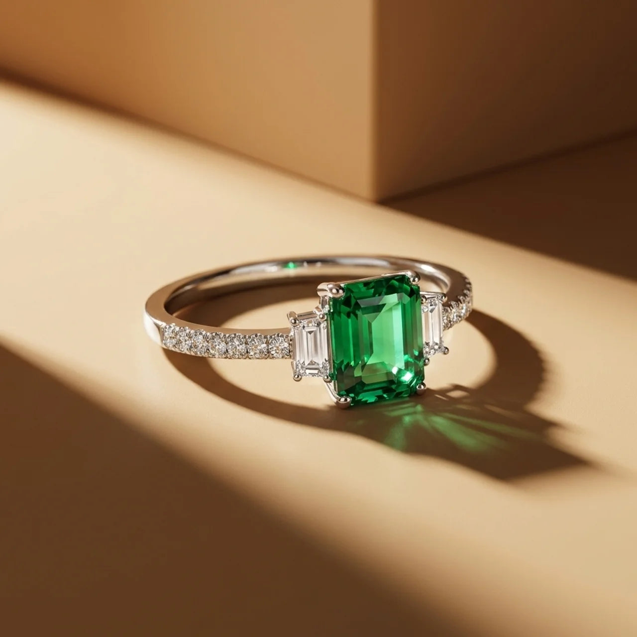 925 Silver Ring with a Rectangular Green Stone and Sparkling Details