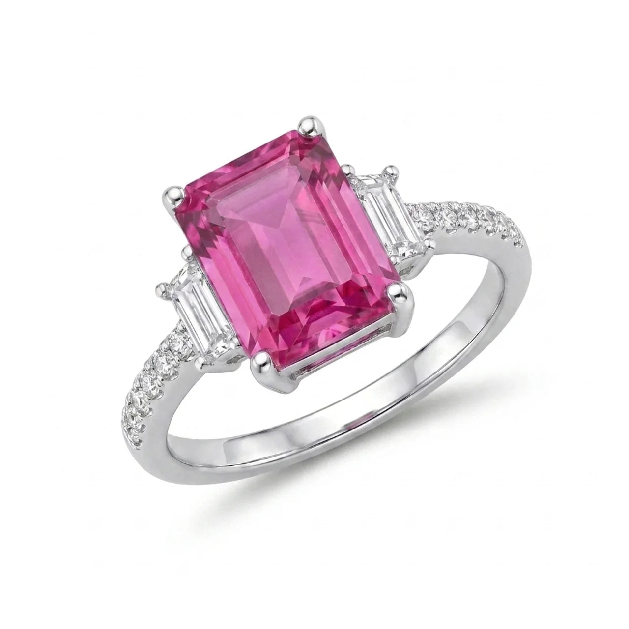 925 Silver Ring with Dark Pink Rectangular Stone and Sparkling Side Stones