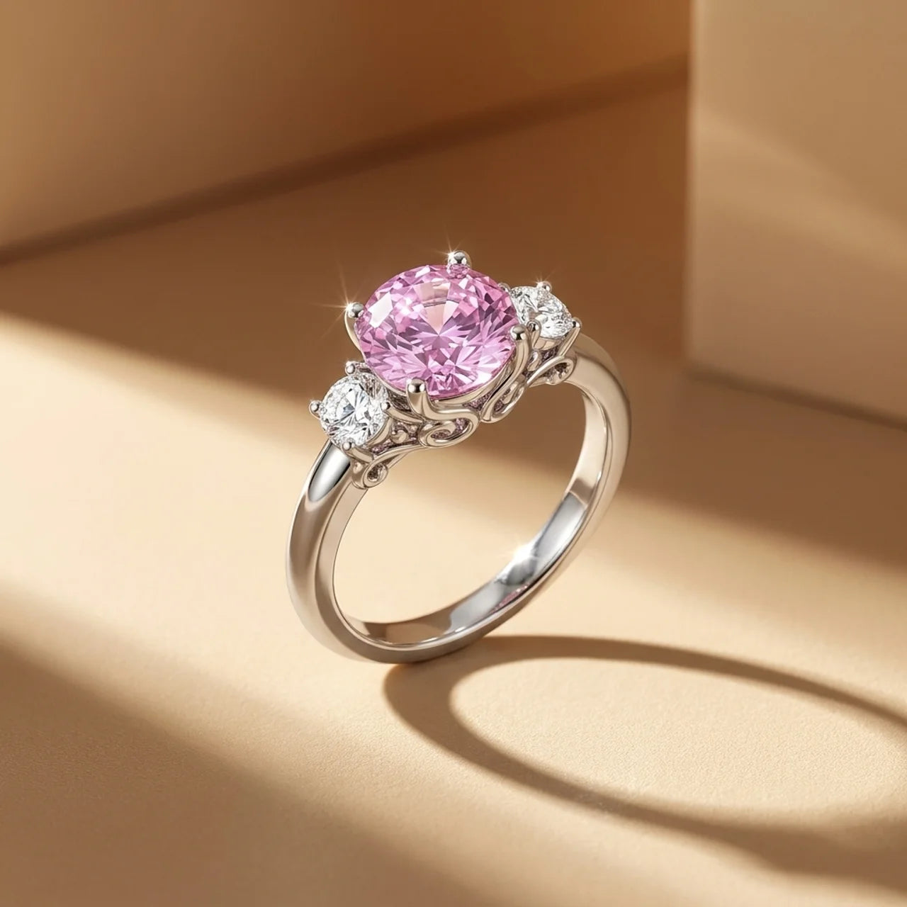 925 Silver Luxury Ring with Zircon Stones and a Large Pink Center Stone
