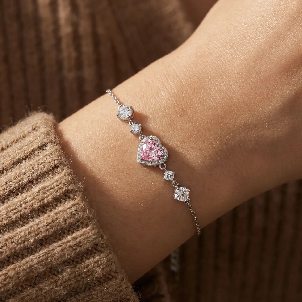 Pink Ice Crushed Heart Bracelet in 925 Silver