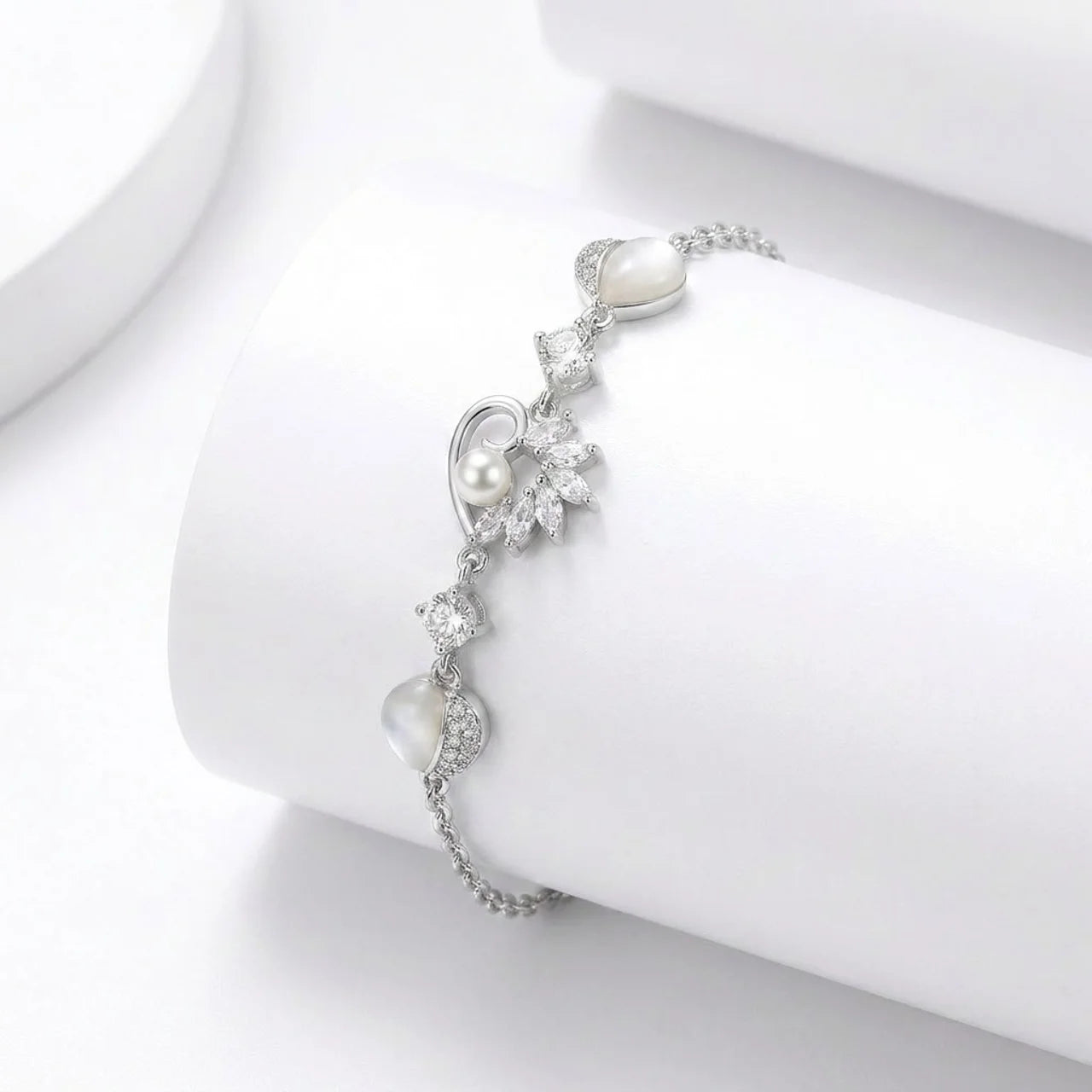925 Silver Hearts and Pearl Beads Bracelet