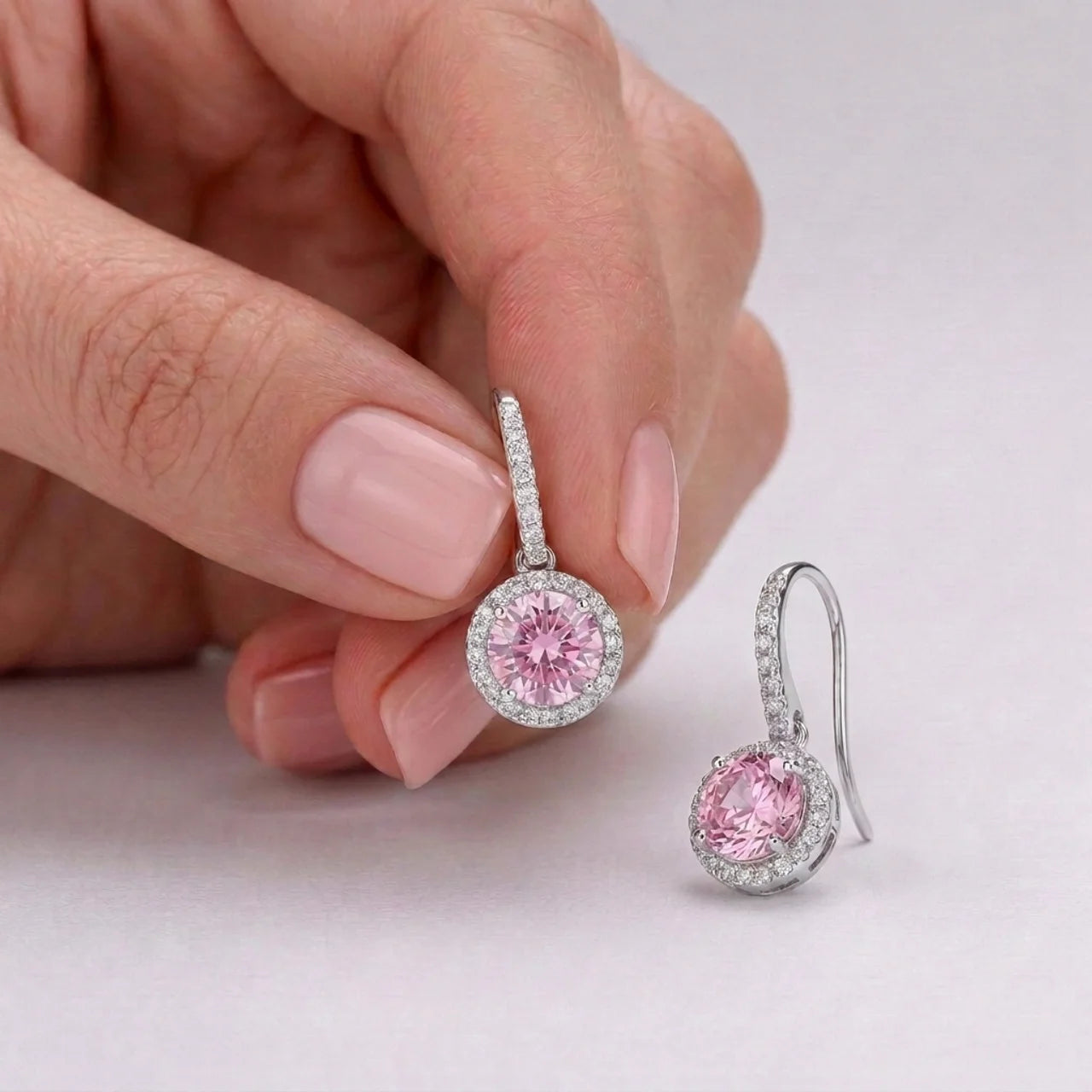 925 Silver Drop Earrings with Pink Stone Surrounded by  Zircon Stones