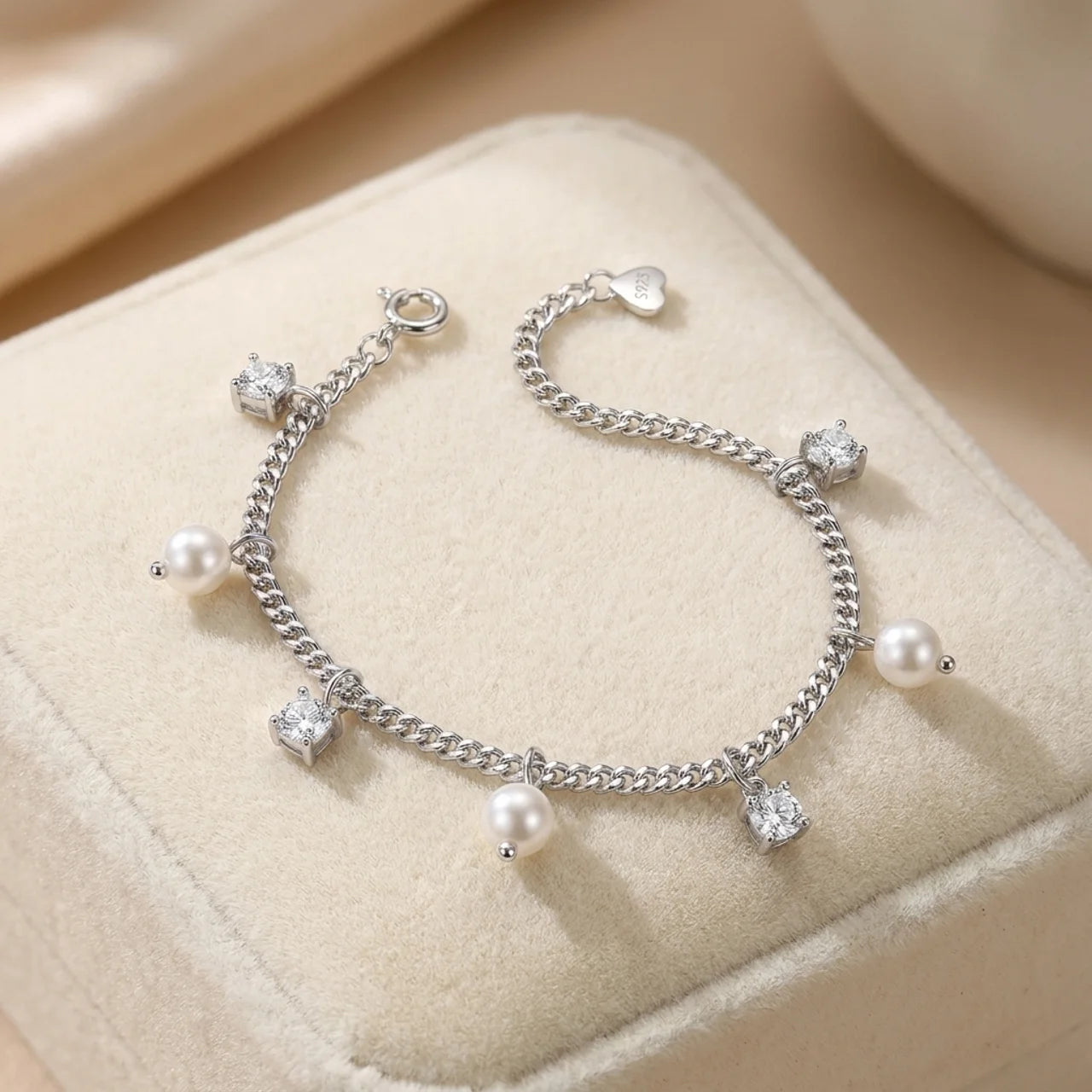 925 Silver Bracelet with Pearl Beads and Sparkling Stones