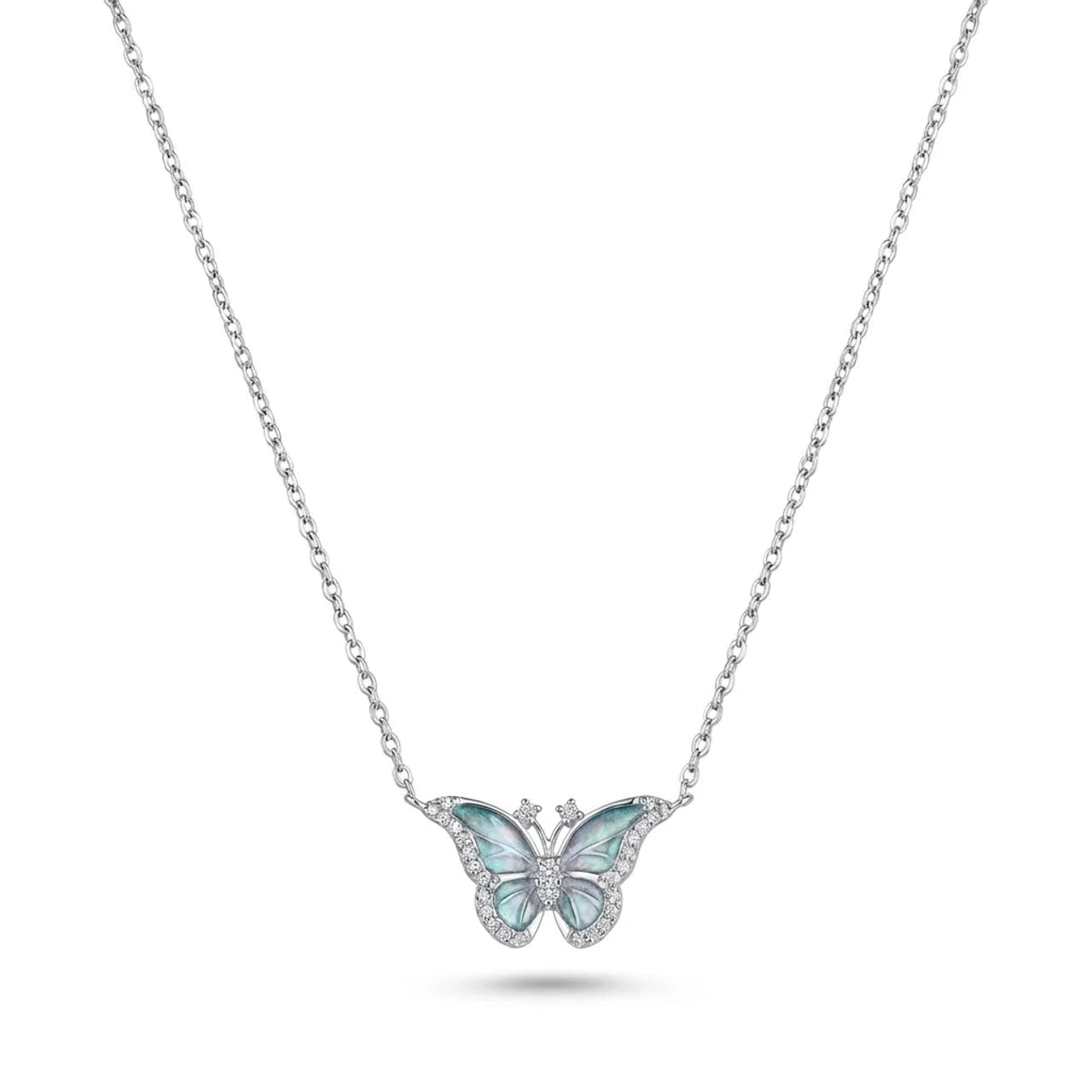 عقد فضة بتصميم فراشة زرقاء وأجنحة لامعة فضة عيار 925