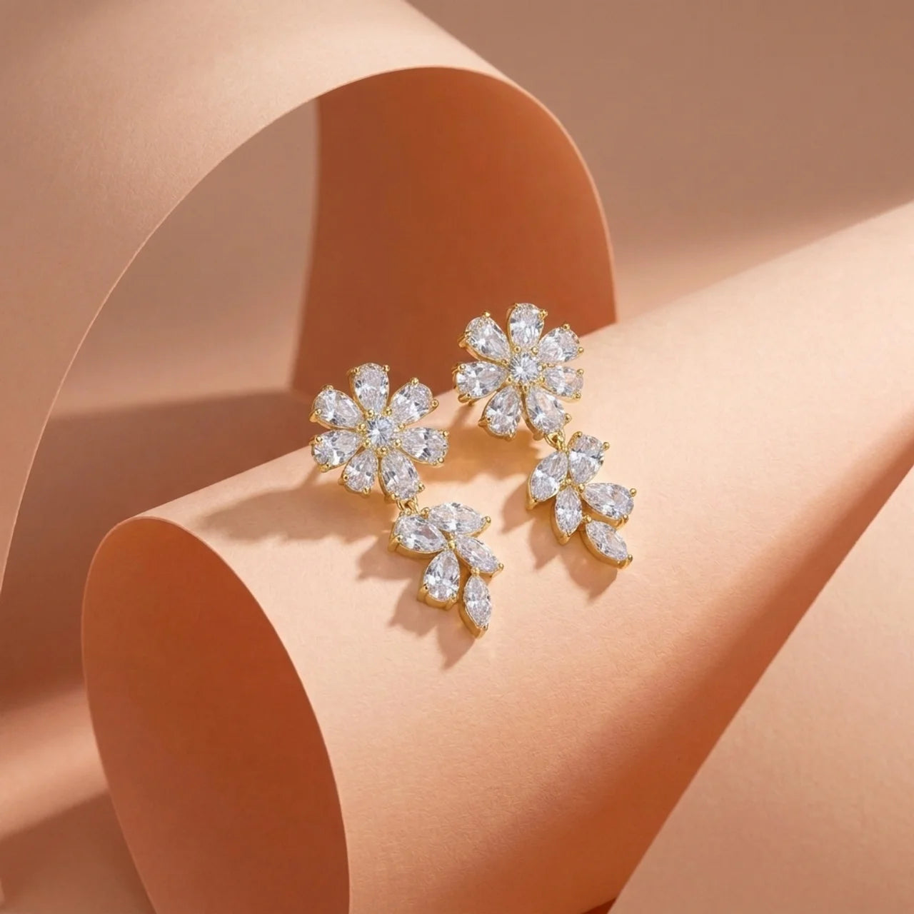 925 Silver Gold-Plated Dangling Flower Earrings with Sparkling Stones