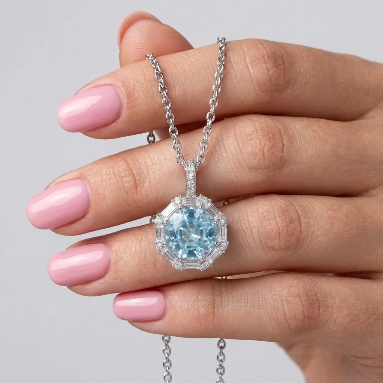 925 Silver Delicate Necklace with Sky Blue Pendant Surrounded by Sparkling Stones