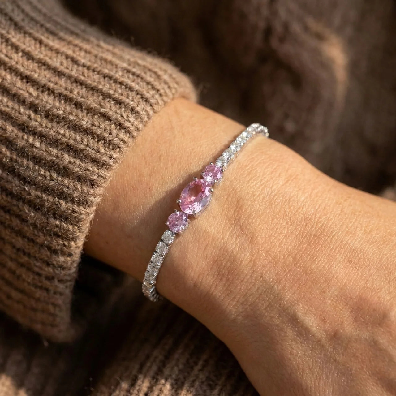 Royal Bracelet with Pink Stone and Sparkling Zircon in 925 Silver