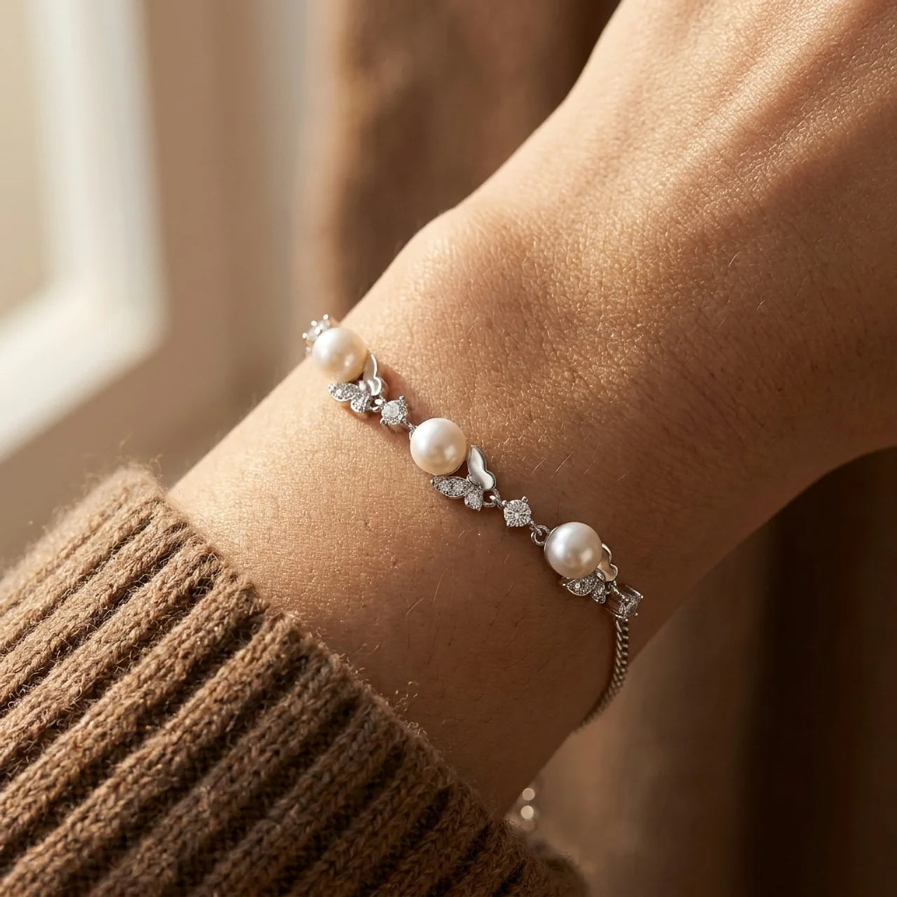 Elegant Butterfly Bracelet with Pearl Beads in 925 Silver