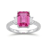 925 Silver Ring with Dark Pink Rectangular Stone and Sparkling Side Stones
