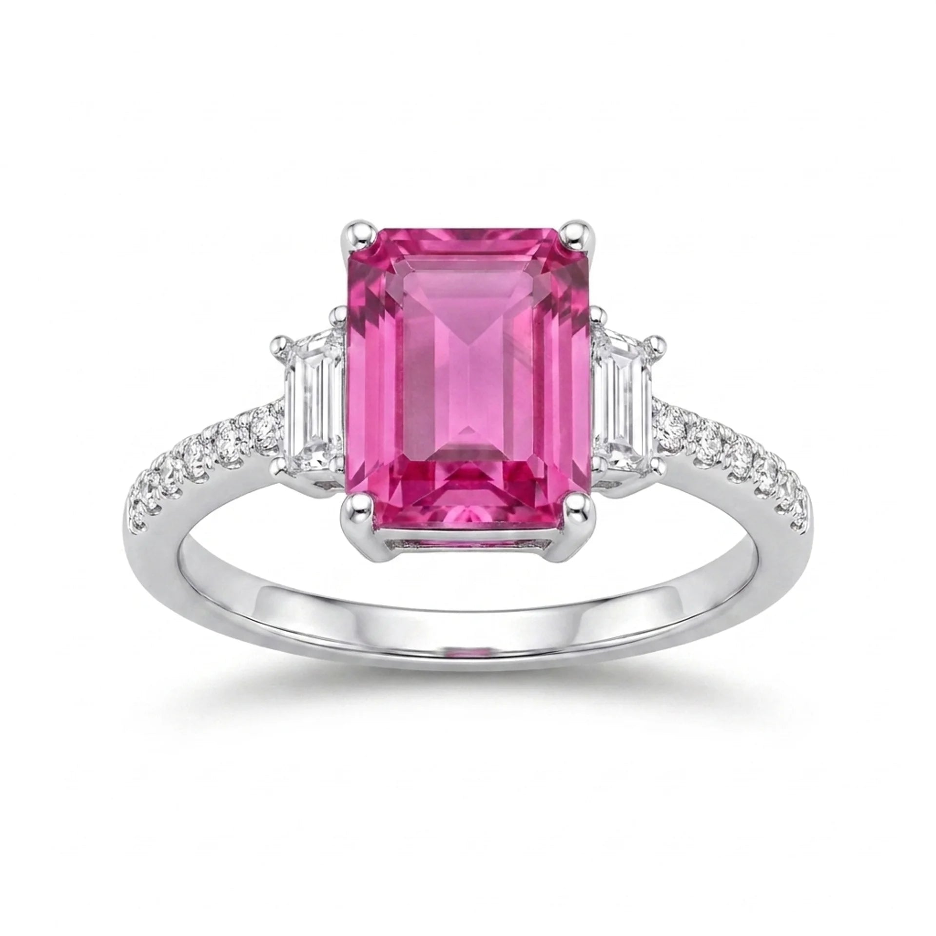 925 Silver Ring with Dark Pink Rectangular Stone and Sparkling Side Stones