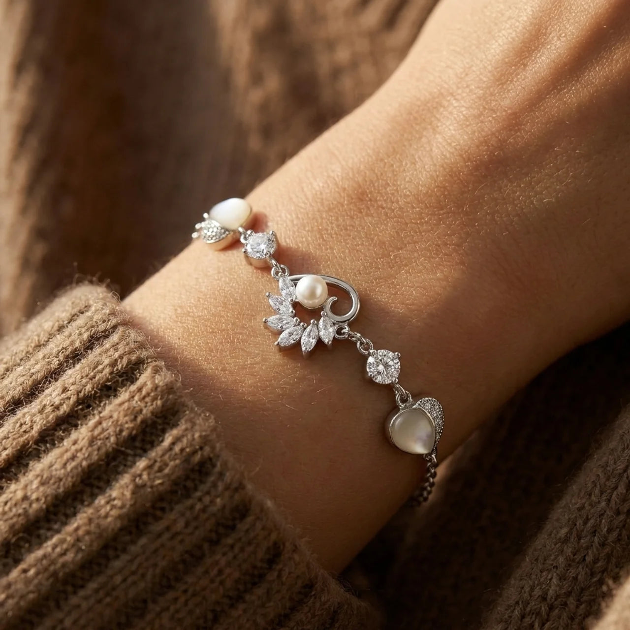 925 Silver Hearts and Pearl Beads Bracelet