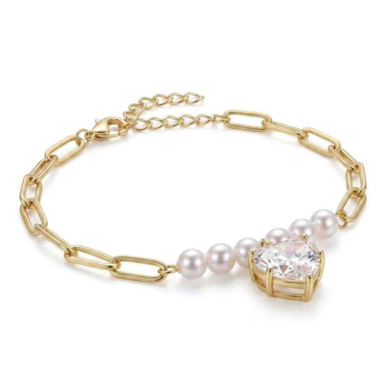 925  Silver Bracelet with Heart-Shaped Zircon and Pearl Accents