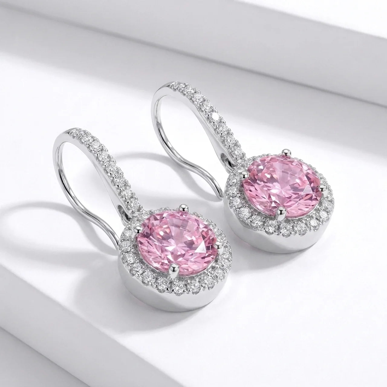 925 Silver Drop Earrings with Pink Stone Surrounded by  Zircon Stones