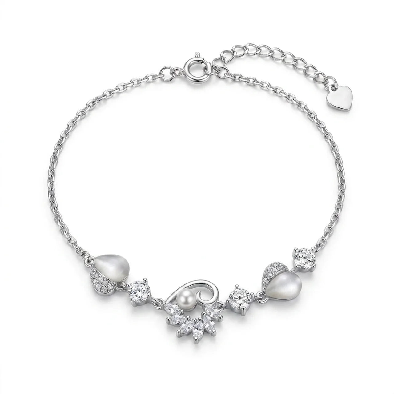 925 Silver Hearts and Pearl Beads Bracelet