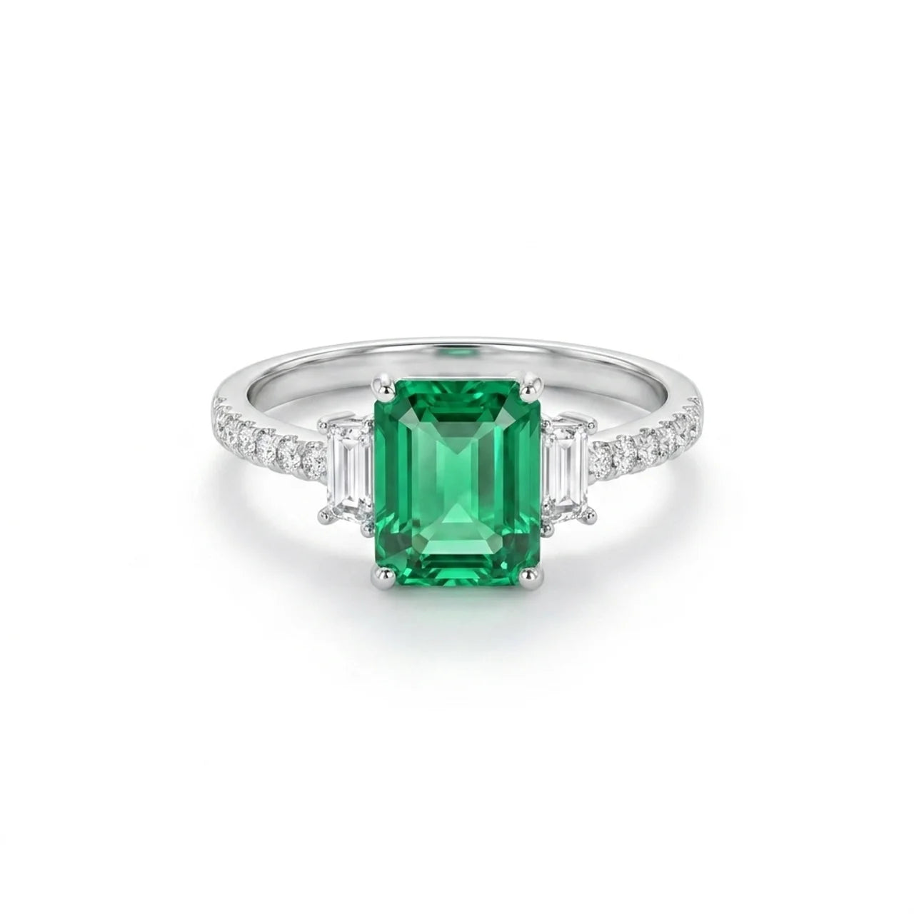 925 Silver Ring with a Rectangular Green Stone and Sparkling Details