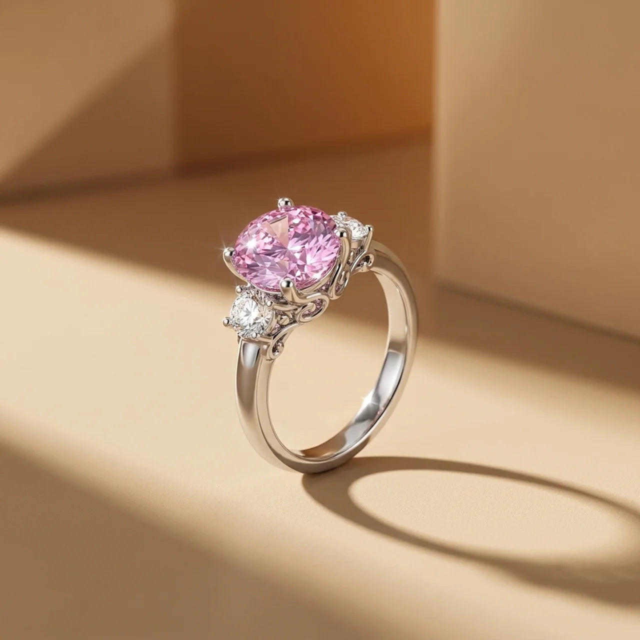 925 Silver Luxury Ring with Zircon Stones and a Large Pink Center Stone