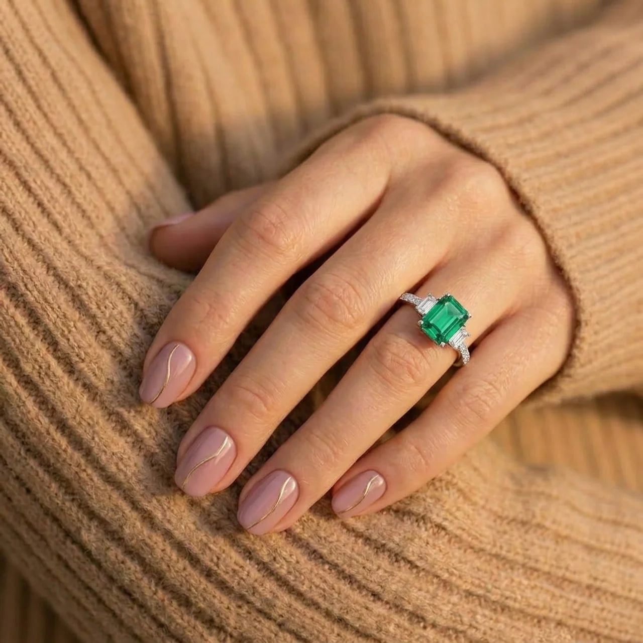 925 Silver Ring with a Rectangular Green Stone and Sparkling Details