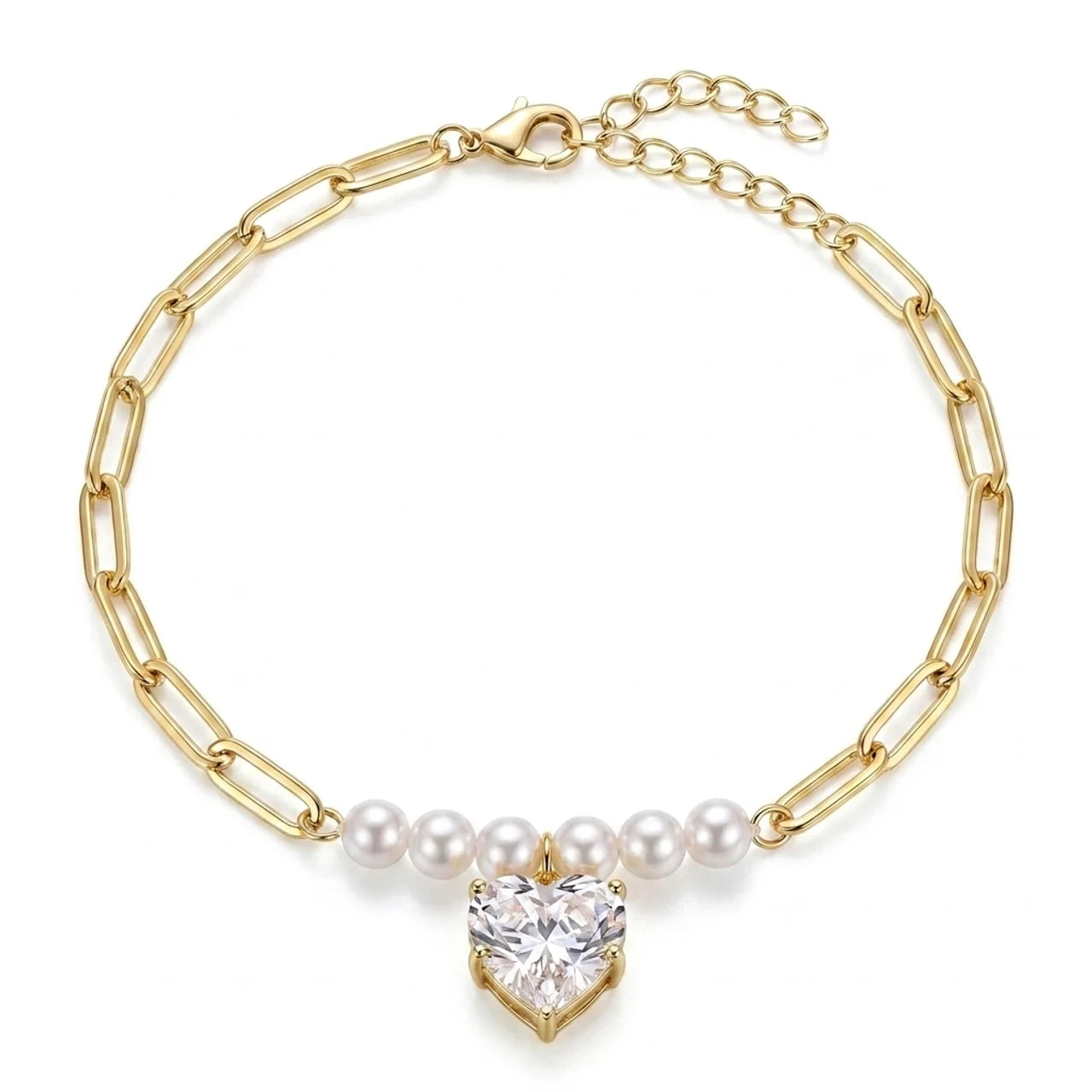 925  Silver Bracelet with Heart-Shaped Zircon and Pearl Accents