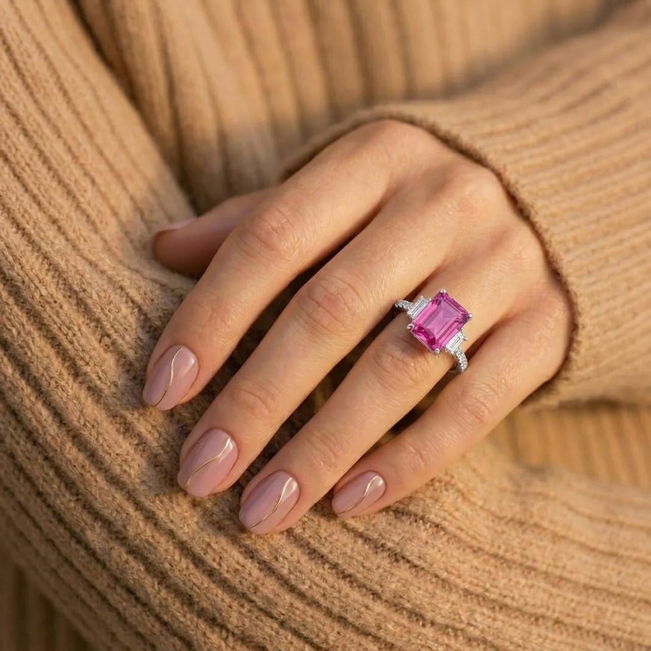 925 Silver Ring with Dark Pink Rectangular Stone and Sparkling Side Stones