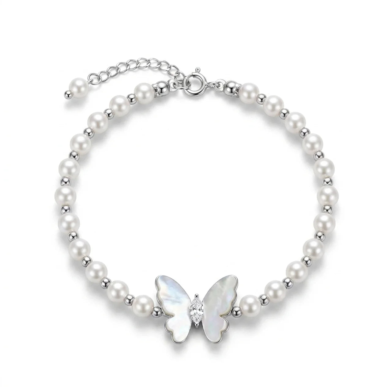 Butterfly Bracelet with Pearl Beads in 925 Silver