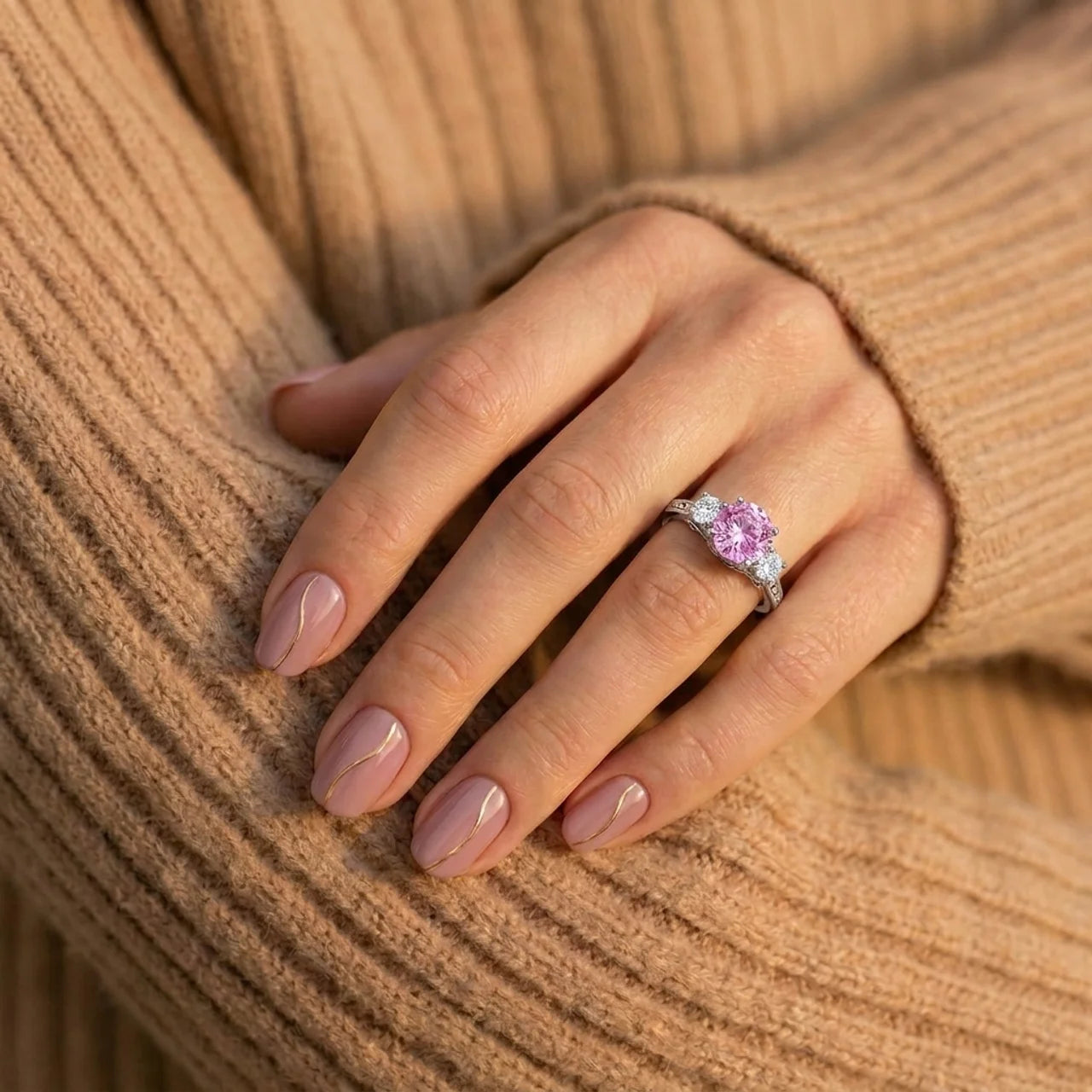 925 Silver Luxury Ring with Zircon Stones and a Large Pink Center Stone