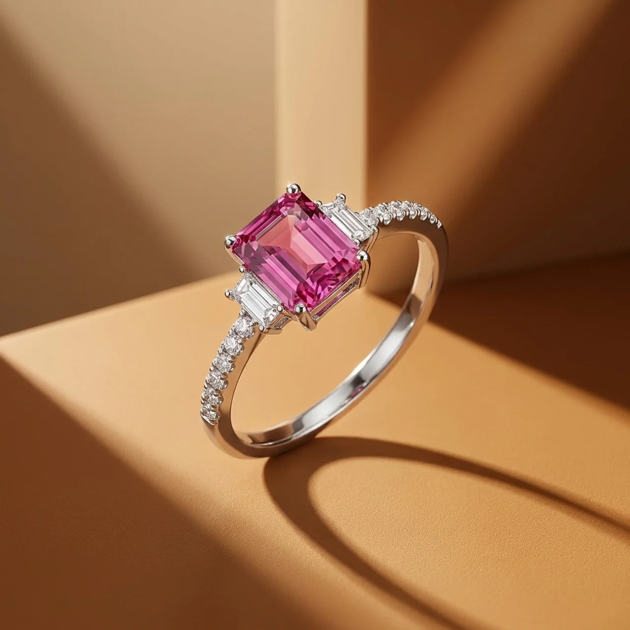 925 Silver Ring with Dark Pink Rectangular Stone and Sparkling Side Stones