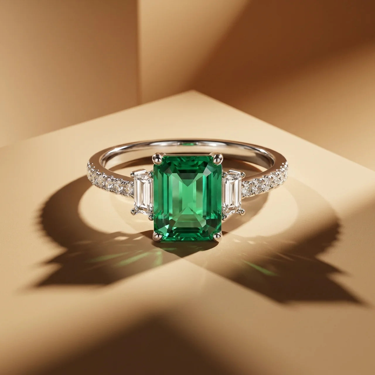 925 Silver Ring with a Rectangular Green Stone and Sparkling Details