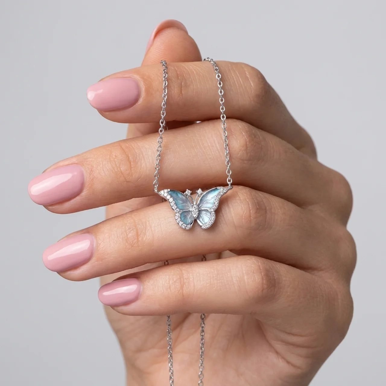 925 Silver Necklace with Blue Butterfly Design and Sparkling Wings
