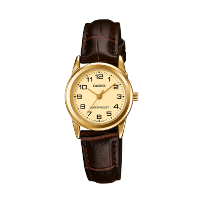 Casio Analog Women’s Watch – Gold Dial, Gold-Tone Case and Brown Leather Strap