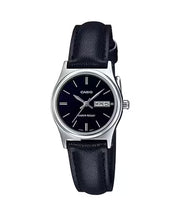 Casio Women's Analog Watch – Silver Case & Black Leather Band