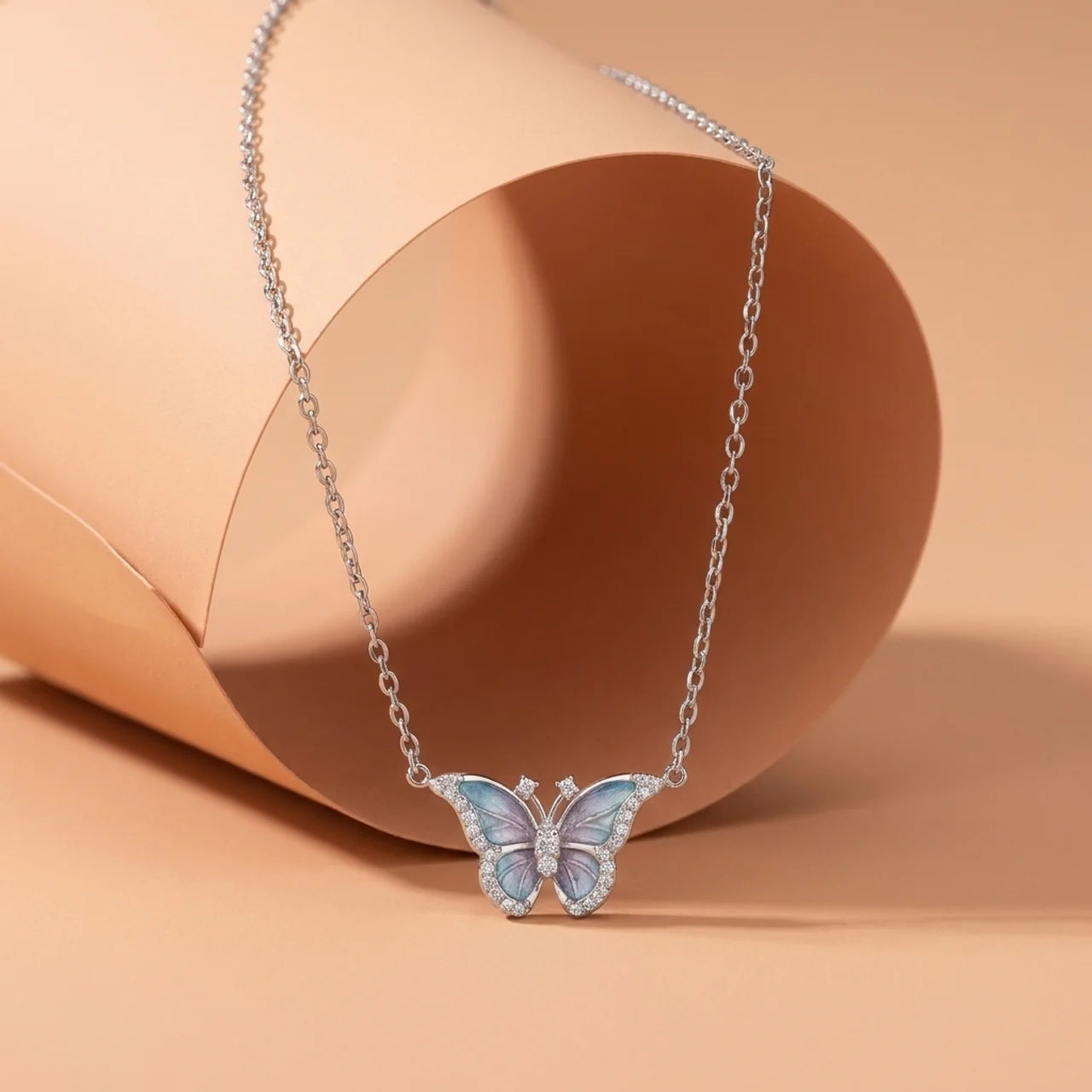 925 Silver Necklace with Blue Butterfly Design and Sparkling Wings