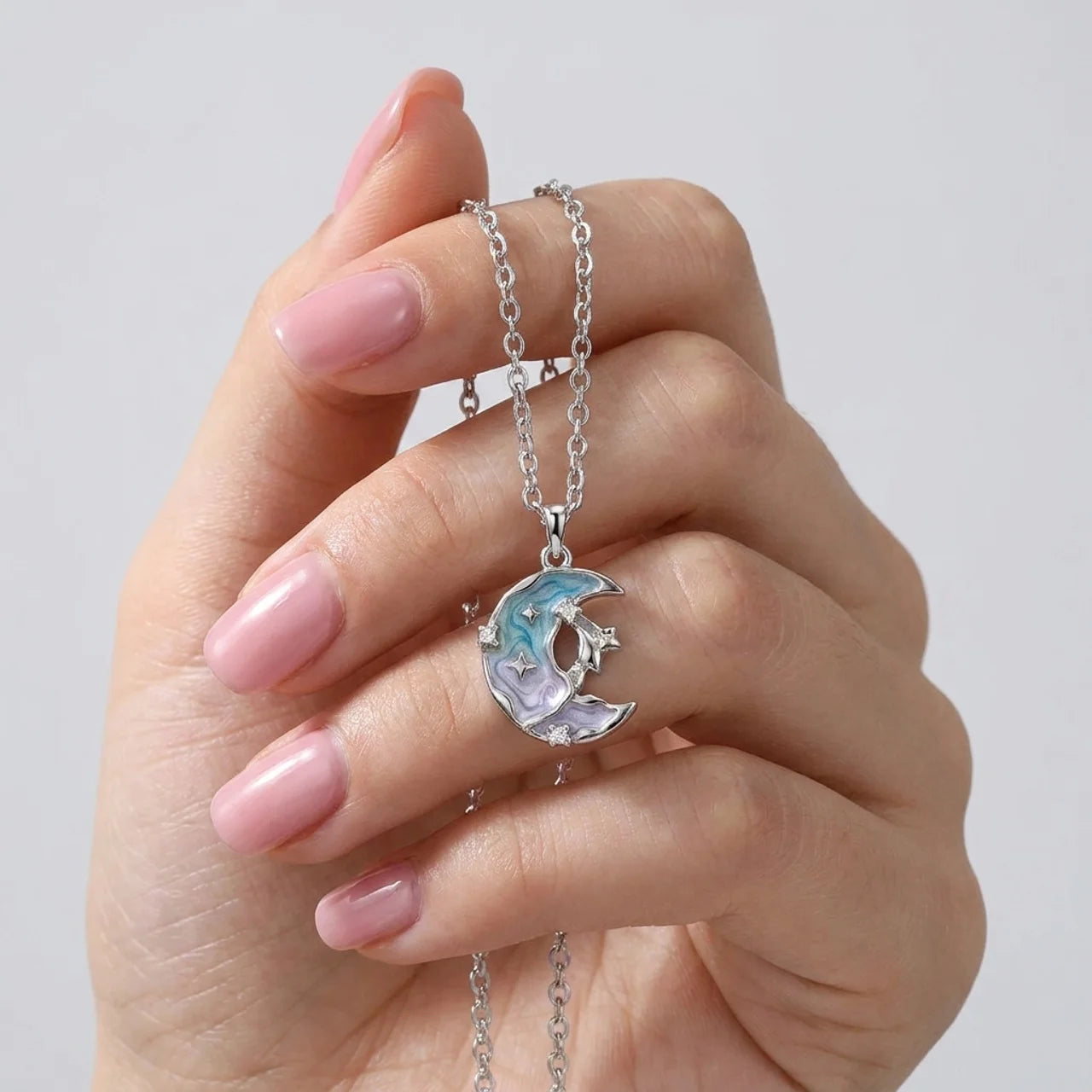 925 Silver Crescent and Stars Necklace with Blue Details