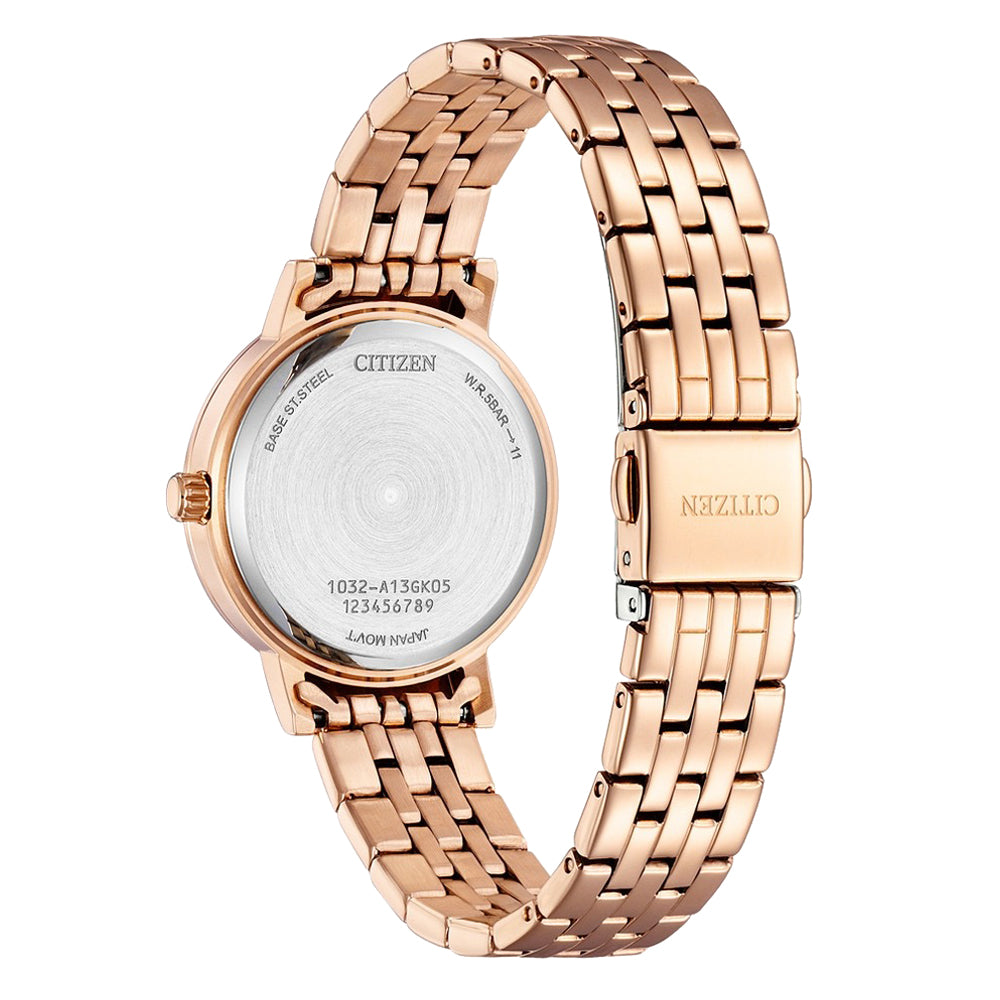 ساعة سيتيزن كوارتز للنساء بسوار من الستانلس ستيل بلون ذهبي وردي وميناء صدفي EL3108-53D