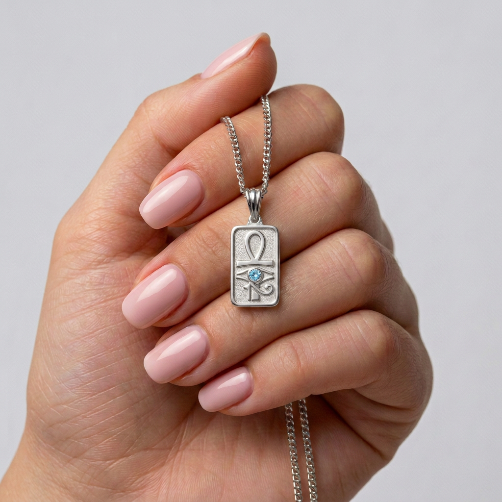 Eye of Horus and Ankh Rectangular Pharaonic Necklace 925 Silver with Blue Stone