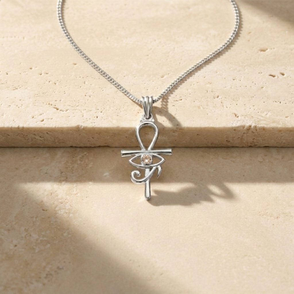 Pharaonic Eye of Horus and Ankh Silver Necklace with Yellow Stone 925 Silver