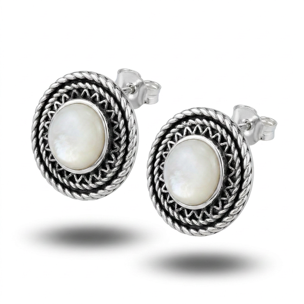 925 Silver Heritage Stud Earrings with Round White Mother-of-Pearl Stone